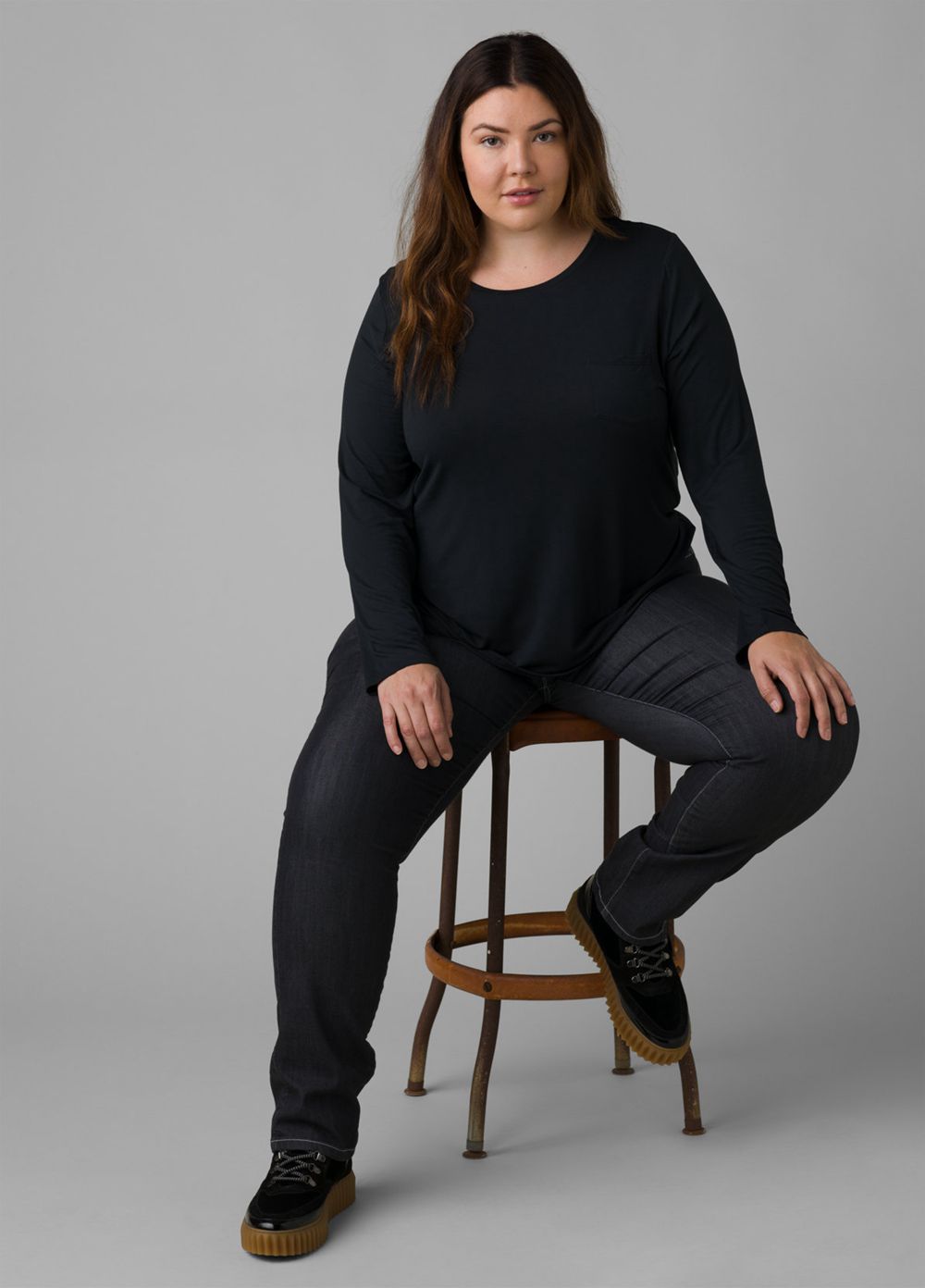 Black Women's PrAna Foundation Long Sleeve Plus T-Shirts | 61720-ZNDQ