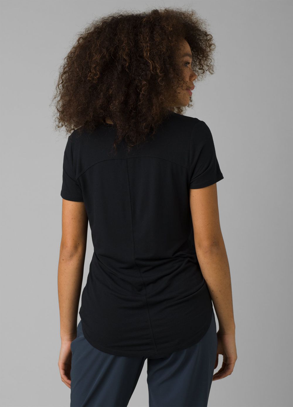 Black Women's PrAna Foundation Short Sleeve V-neck T-Shirts | 02675-XTZJ