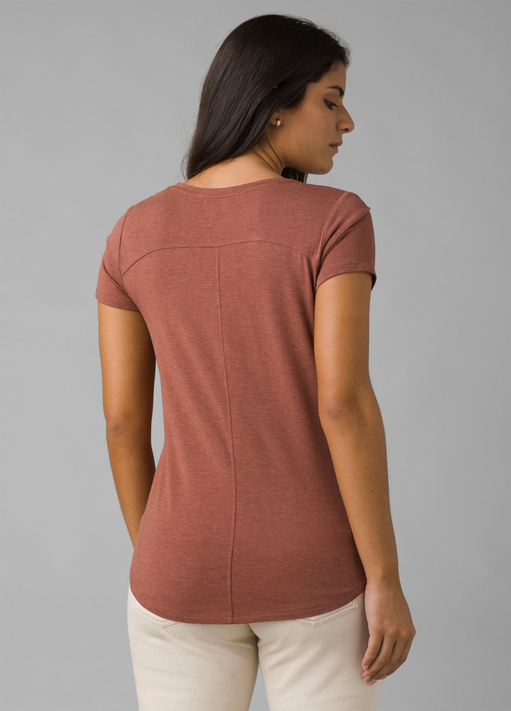 Brown Women's PrAna Foundation Short Sleeve V-neck T-Shirts | 85197-NAYR