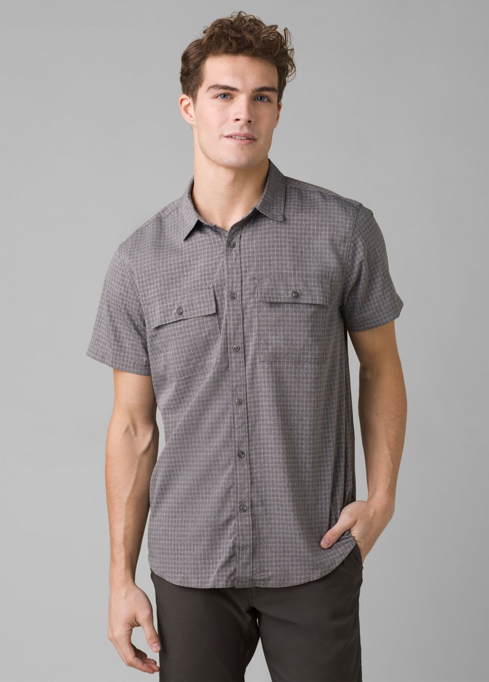 Grey Men's PrAna Garvan Short Sleeve Tall Shirts | 38715-ODHM