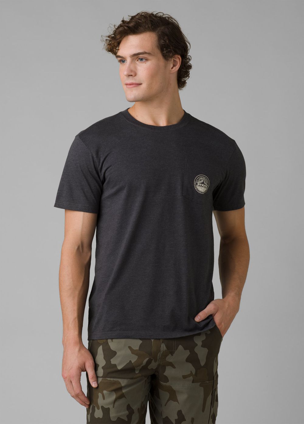 Grey Men\'s PrAna Patch Print T-Shirts | 62473-MULG