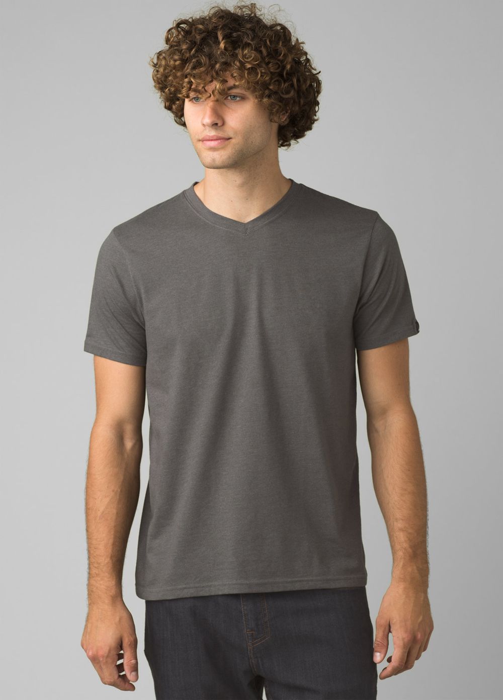 Grey Men\'s PrAna V-Neck T-Shirts | 25417-SHCD