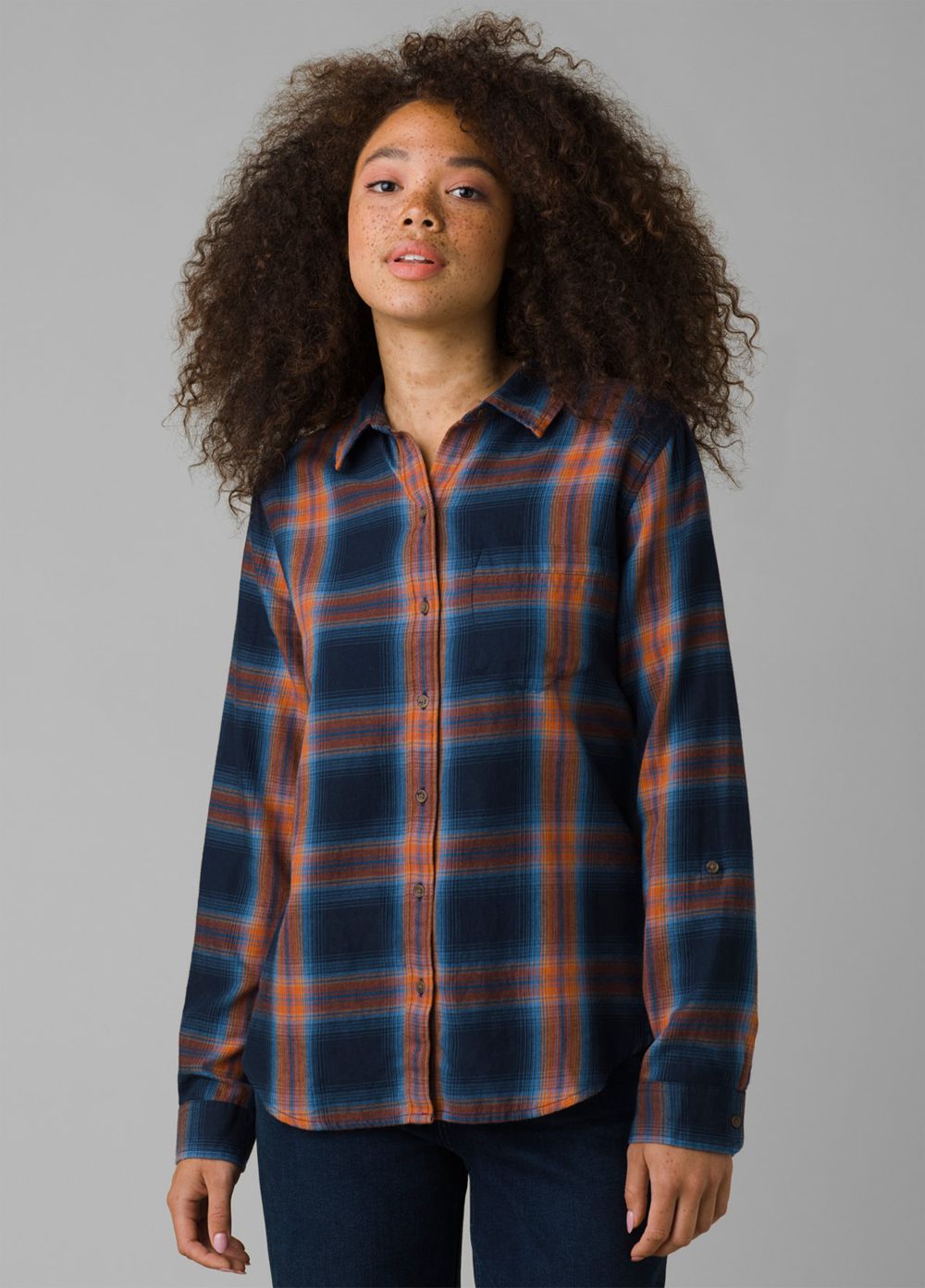 Navy Women's PrAna Alfie Flannel Shirts | 74832-GMQV