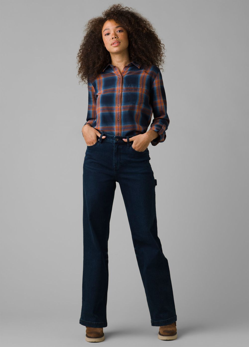 Navy Women's PrAna Alfie Flannel Shirts | 74832-GMQV