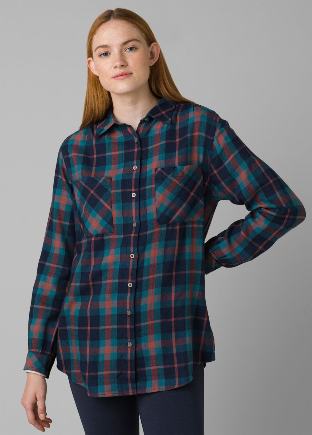 Navy Women's PrAna Beezly Flannel Shirts | 28701-QWPO