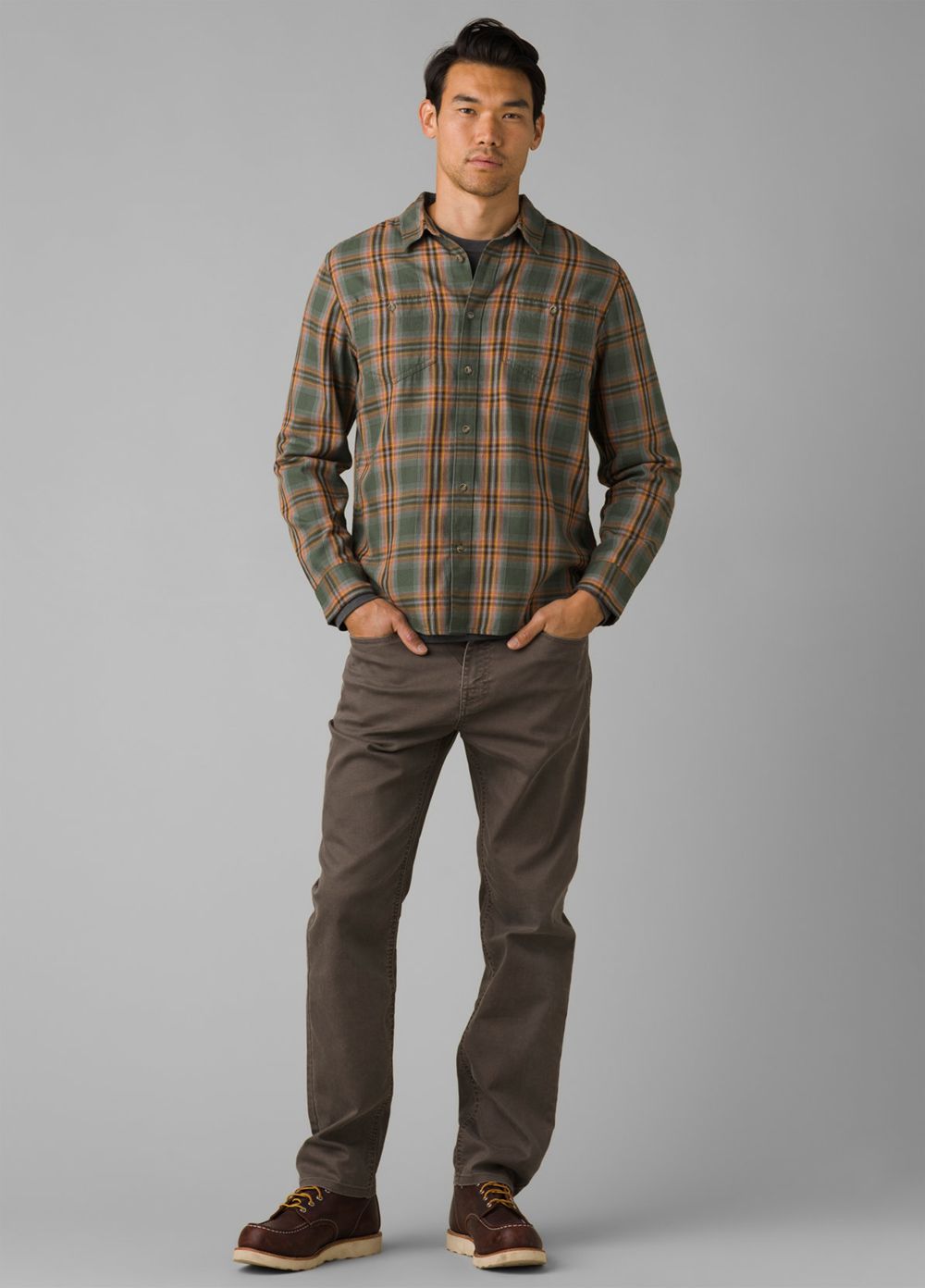 Olive Men's PrAna Dolberg Flannel Shirts | 98356-NHYA