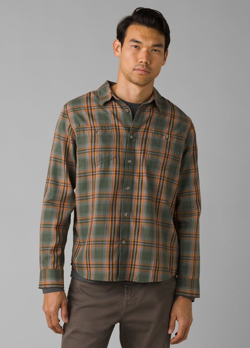 Olive Men\'s PrAna Dolberg Flannel Shirts | 98356-NHYA