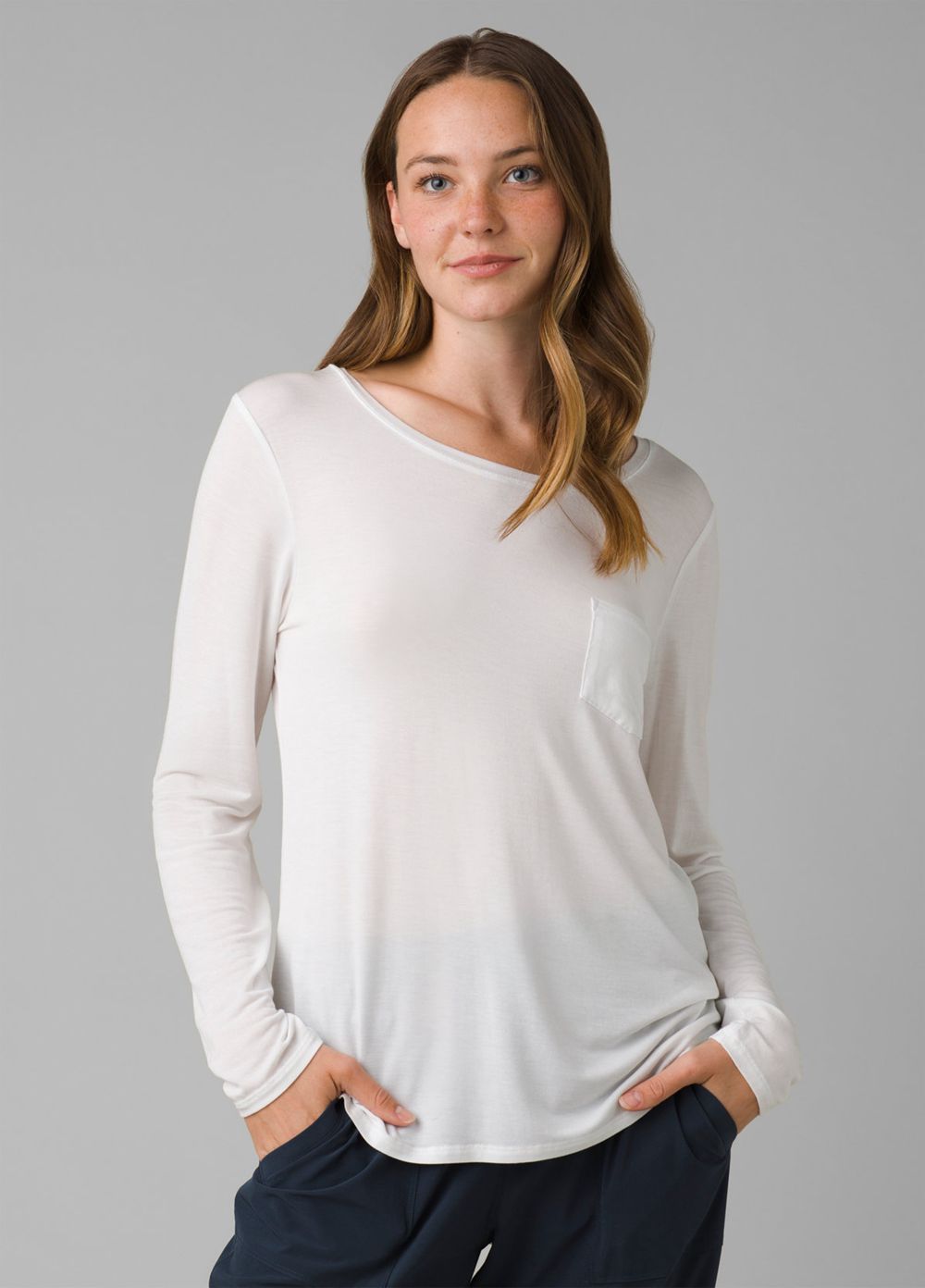 White Women's PrAna Foundation Long Sleeve Crew T-Shirts | 26175-LFKP