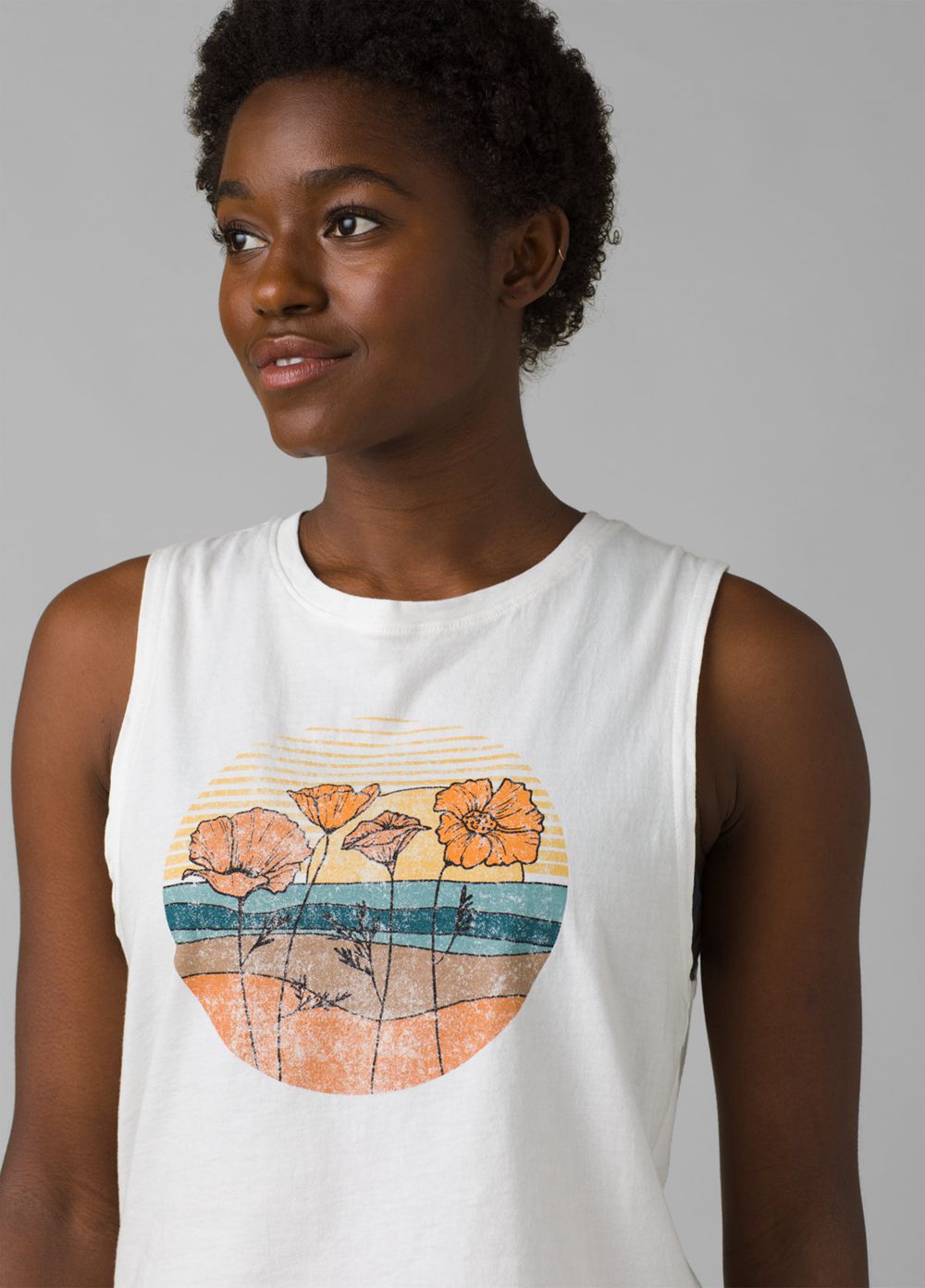 White Women's PrAna Organic Graphic Sleeveless Tank Top | 52786-ZVUD