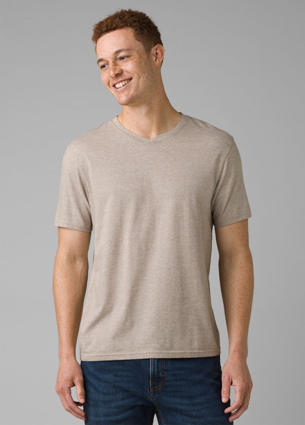 Beige Men's PrAna V-Neck T-Shirts | 97150-CJTA