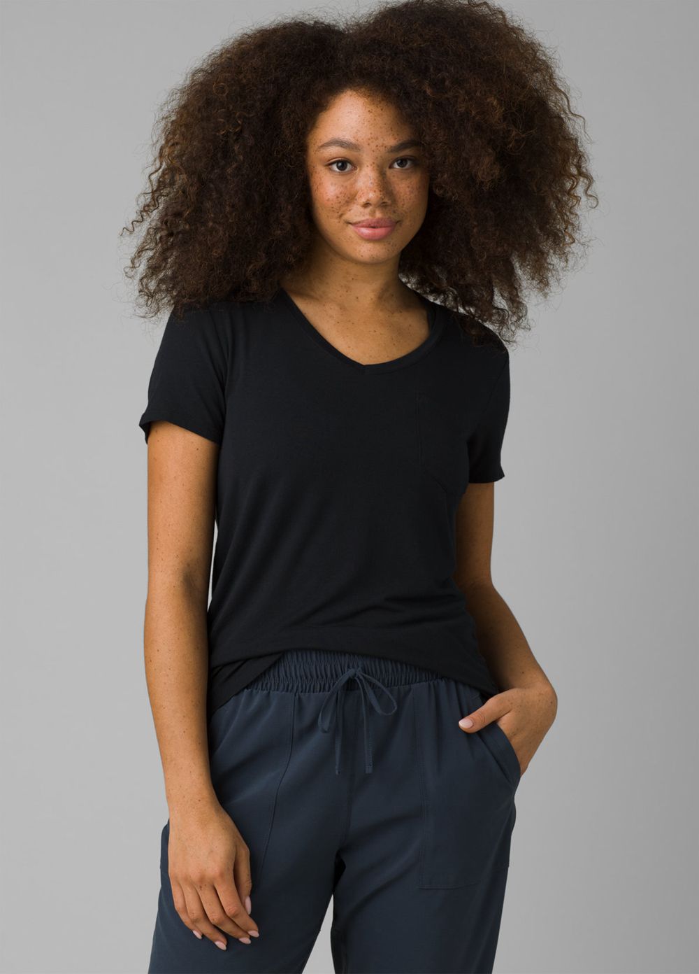 Black Women's PrAna Foundation Short Sleeve V-neck T-Shirts | 02675-XTZJ