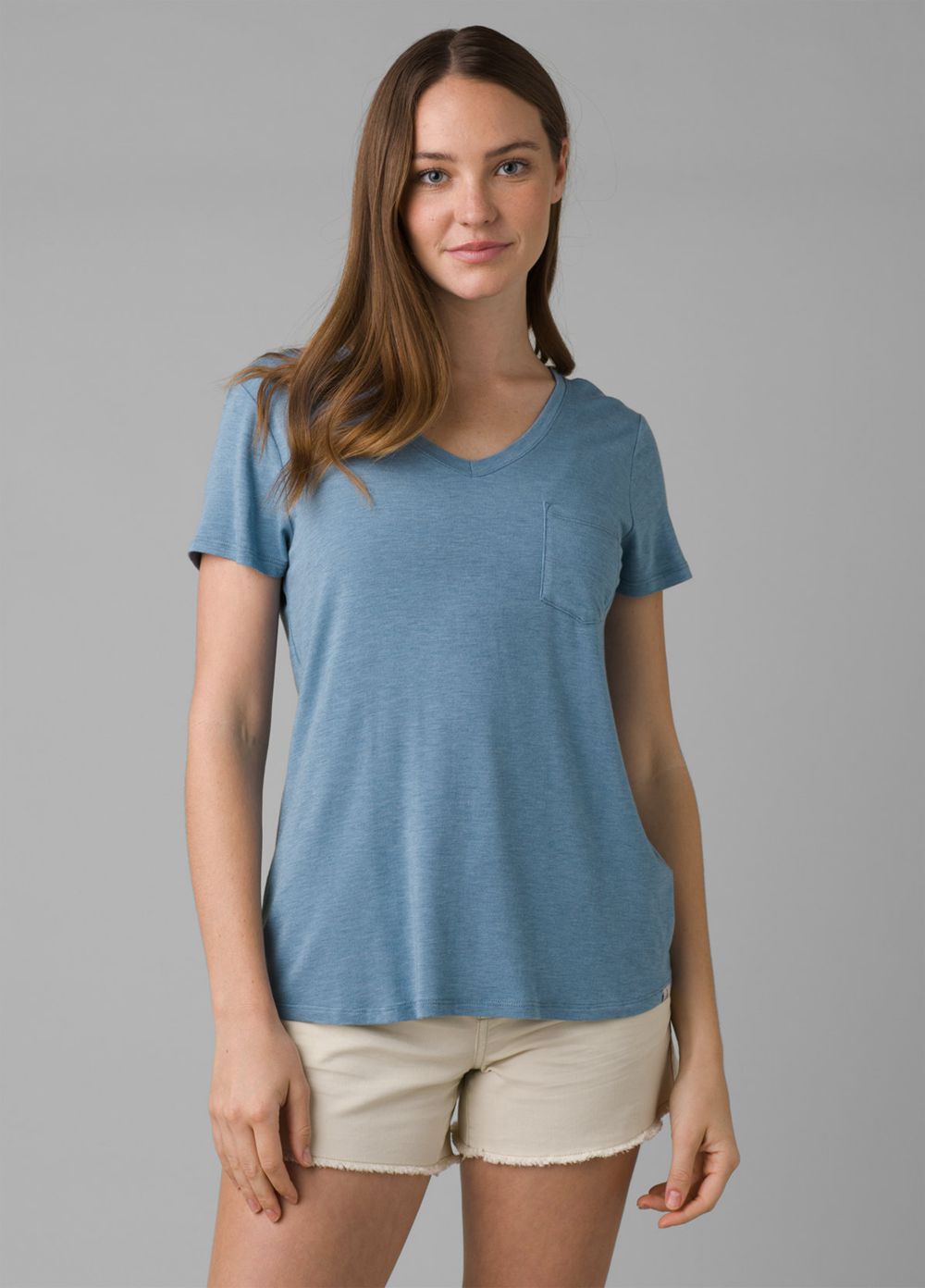 Blue Women's PrAna Foundation Short Sleeve V-neck T-Shirts | 52187-JWCX