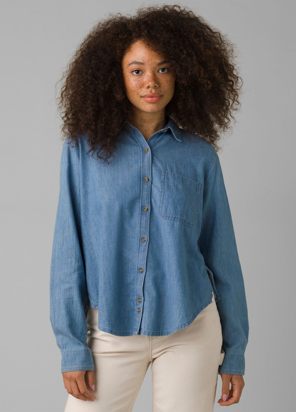 Blue Women's PrAna Washed Out Denim Shirts | 19603-AEMT