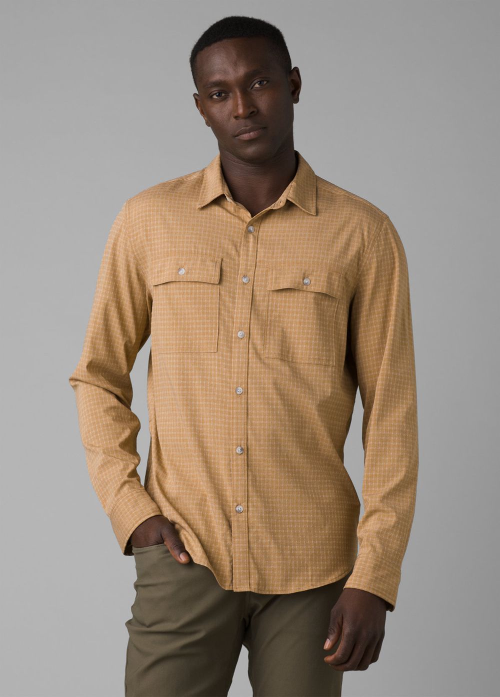 Brown Men's PrAna Garvan Long Sleeve Shirts | 73945-XIZP