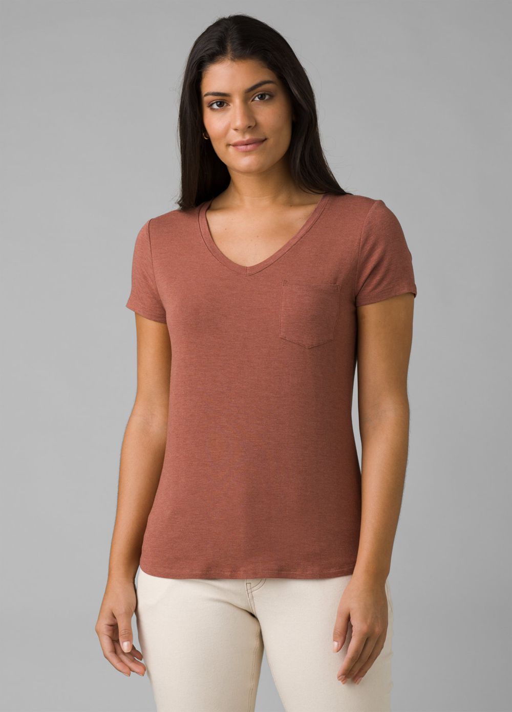 Brown Women's PrAna Foundation Short Sleeve V-neck T-Shirts | 85197-NAYR