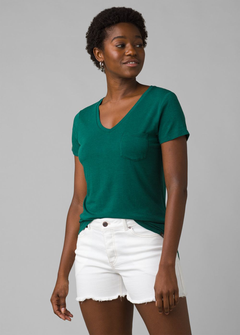 Green Women's PrAna Foundation Short Sleeve V-neck T-Shirts | 94850-OFCL