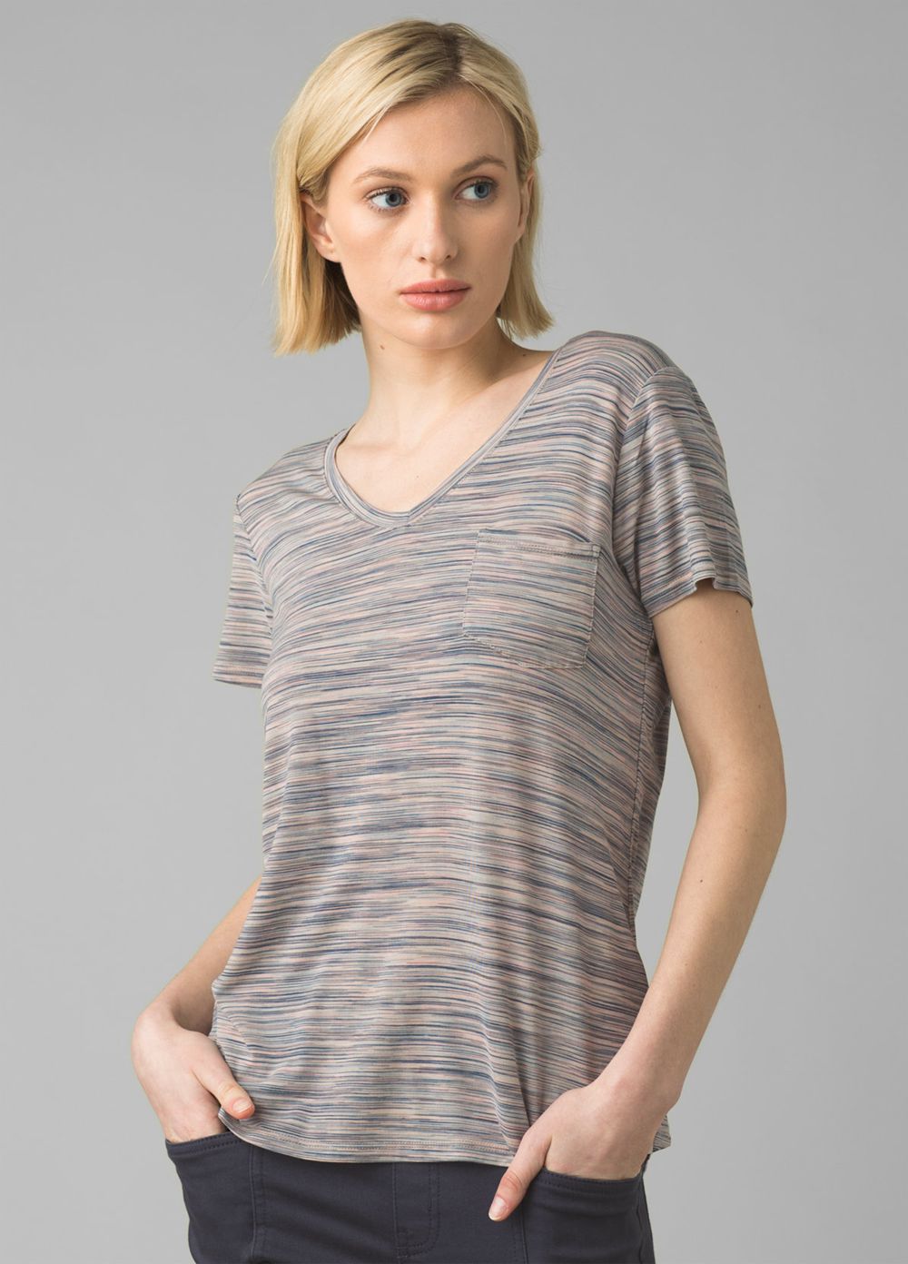 Grey Women's PrAna Foundation Short Sleeve V-neck T-Shirts | 02934-QXJA