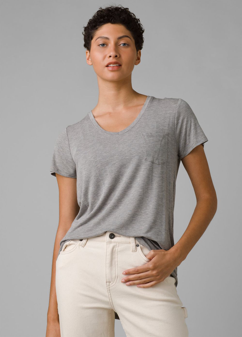 Grey Women's PrAna Foundation Short Sleeve V-neck T-Shirts | 92815-ORMA