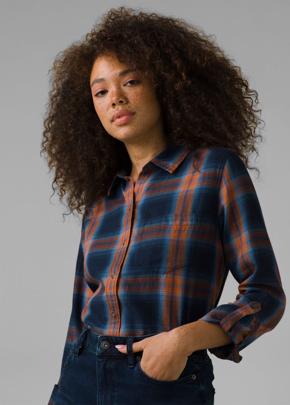 Navy Women's PrAna Alfie Flannel Shirts | 74832-GMQV