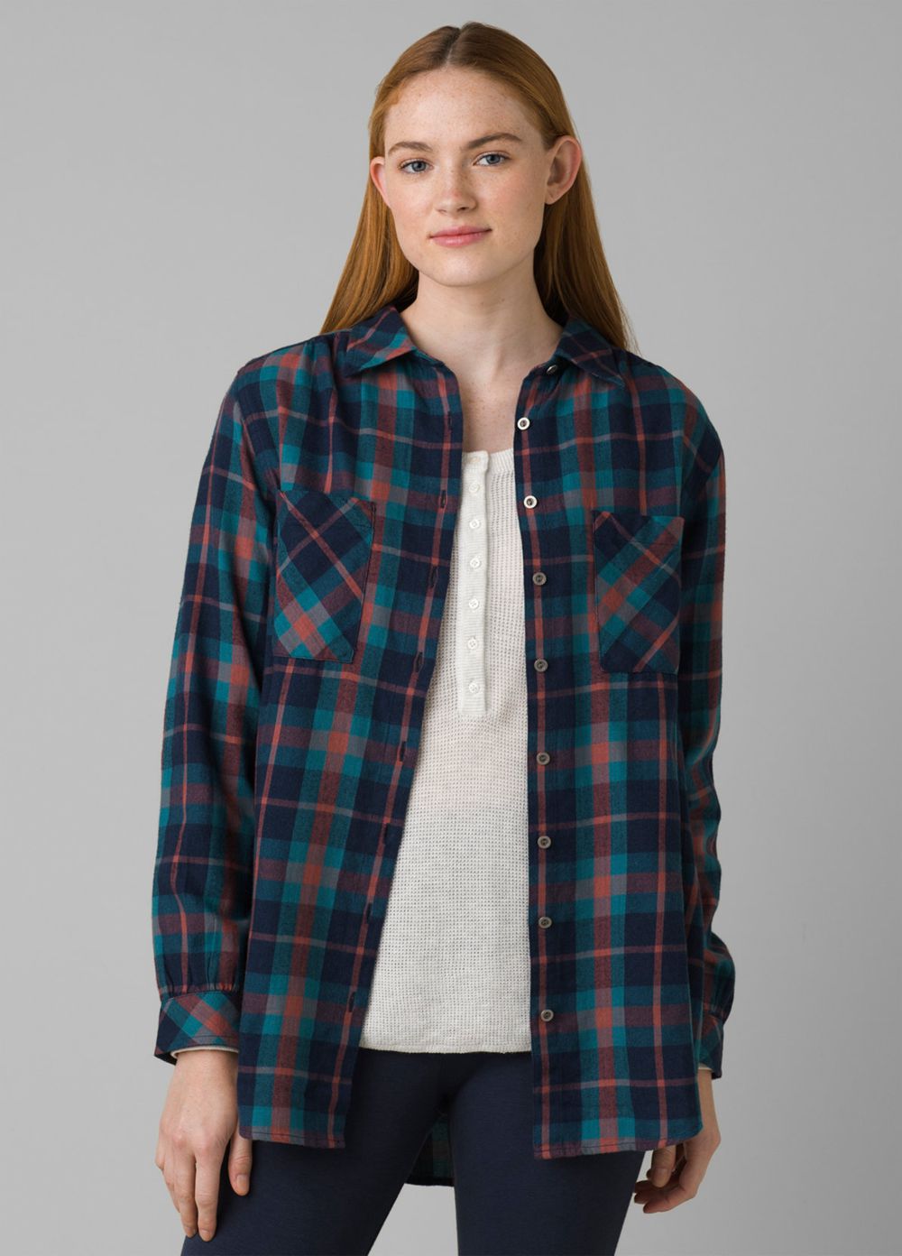 Navy Women's PrAna Beezly Flannel Shirts | 28701-QWPO