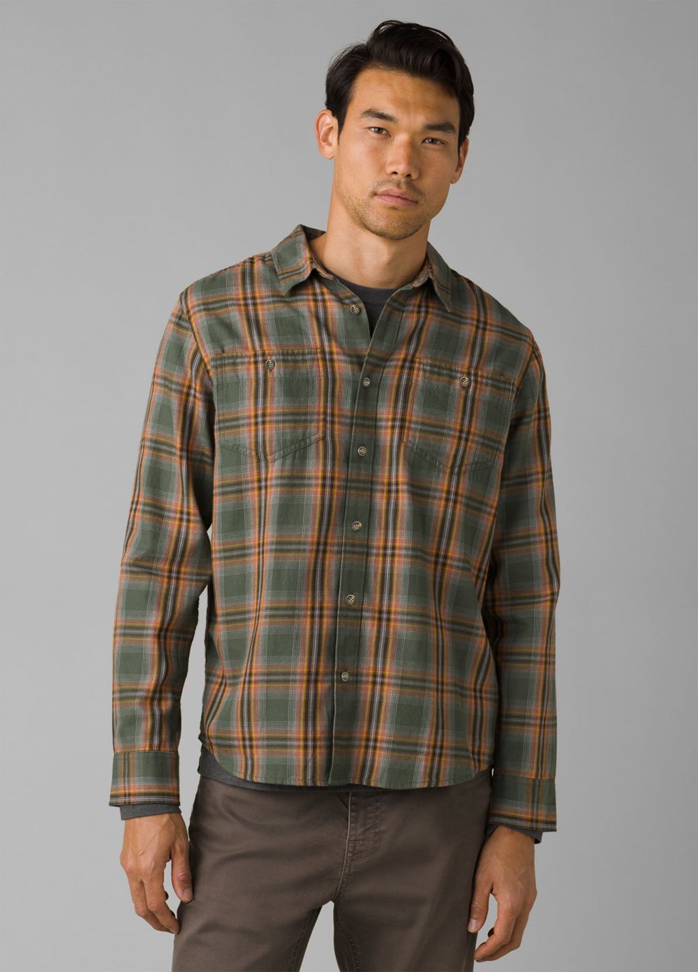 Olive Men's PrAna Dolberg Flannel Tall Shirts | 57039-YAHR