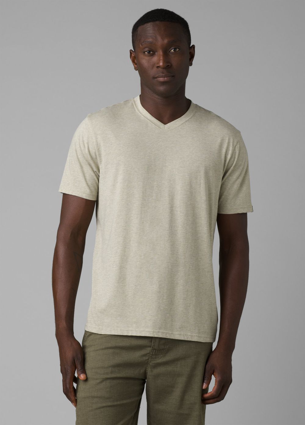 Olive Men's PrAna V-Neck T-Shirts | 80163-VXUW