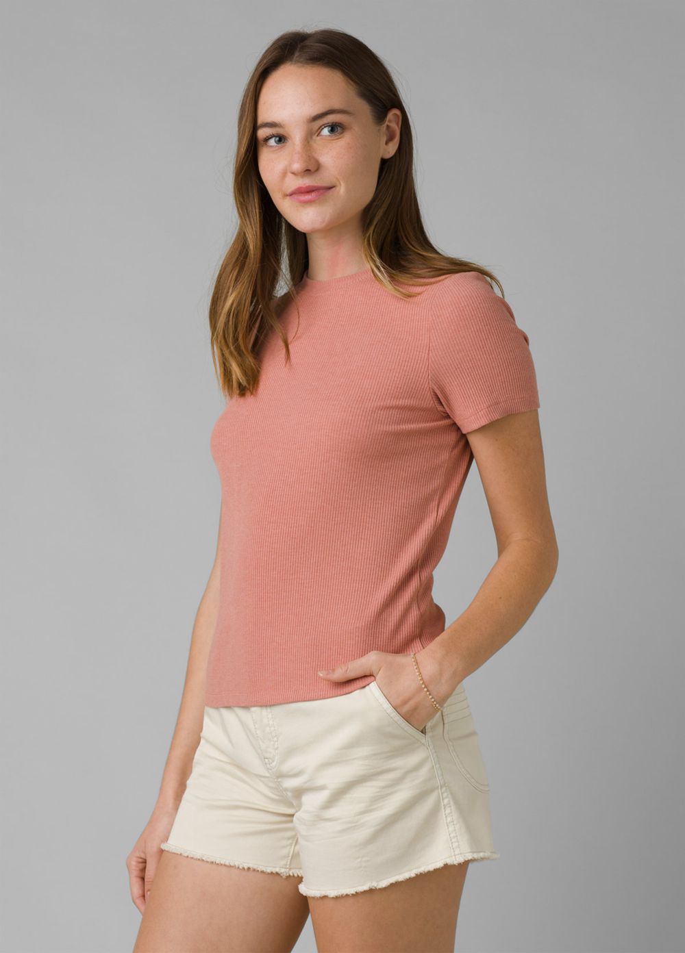 Pink Women's PrAna Foundation Rib T-Shirts | 84275-GDVO