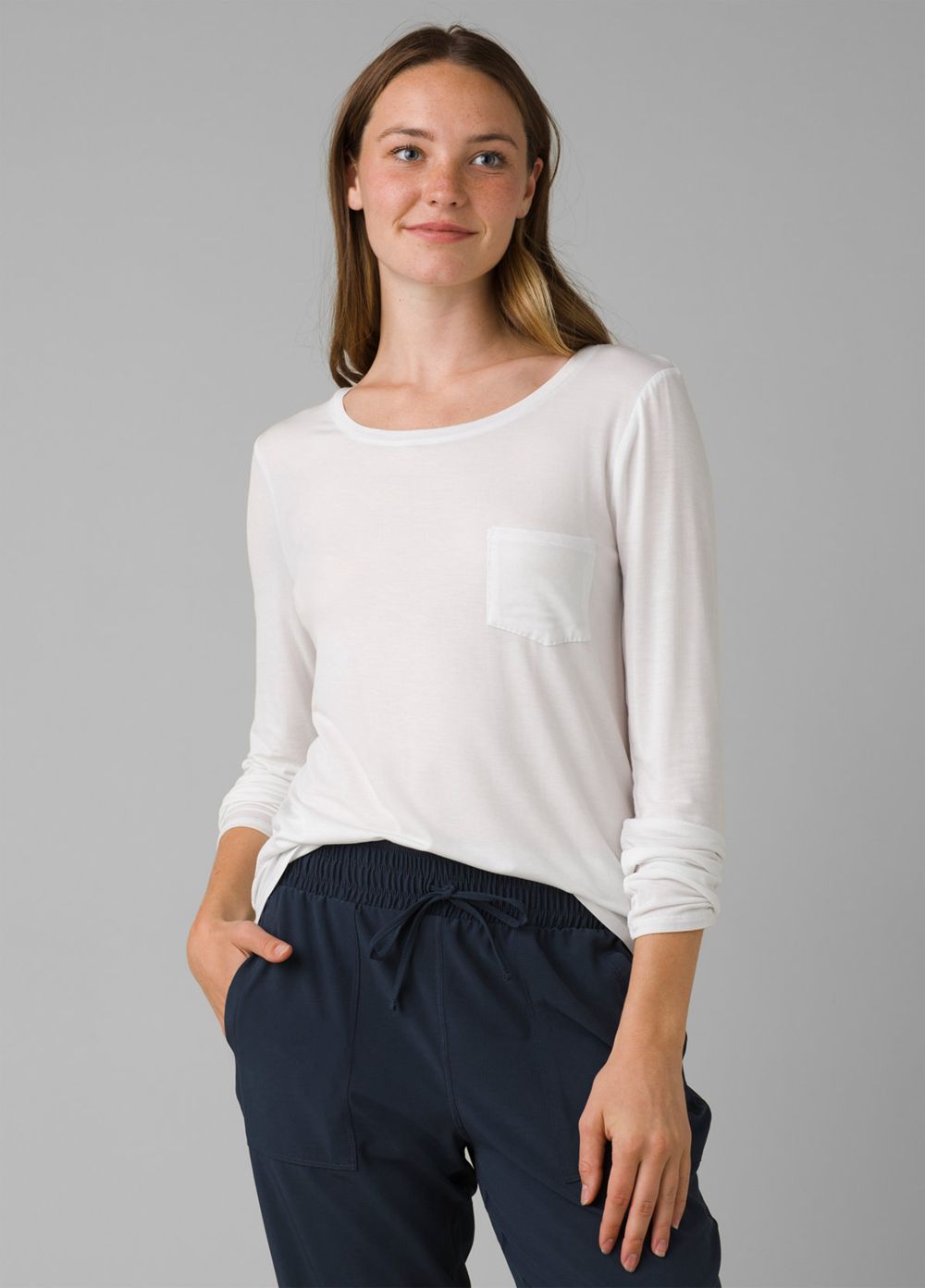 White Women's PrAna Foundation Long Sleeve Crew T-Shirts | 26175-LFKP