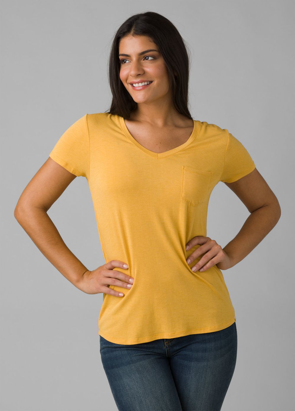 Yellow Women's PrAna Foundation Short Sleeve V-neck T-Shirts | 68730-MKQR